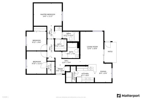 Floor plan for 3 beds, 2 baths, 1196 sqft